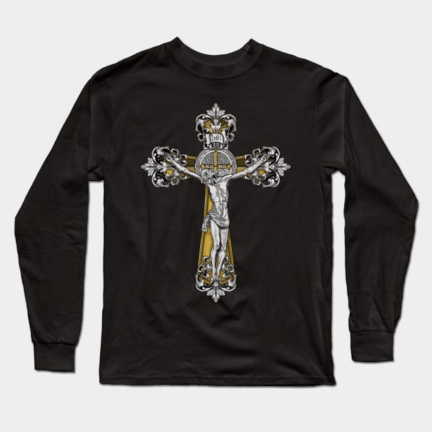 St Benedict Cross Crucifix Long Sleeve T-Shirt by Beltschazar